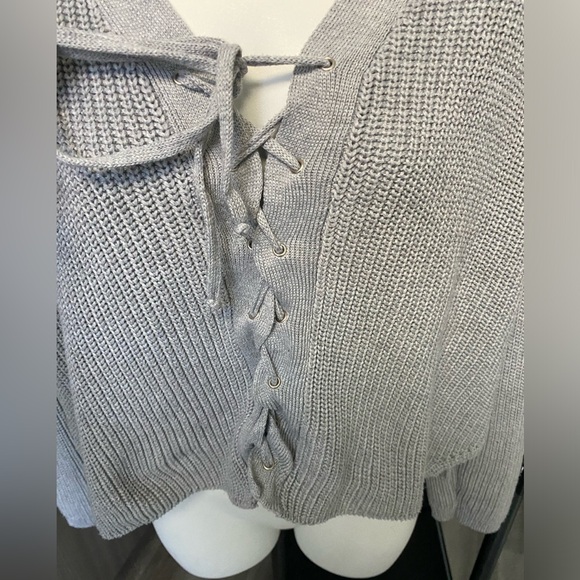 NUDE Grey Lace Up Front Tie Knit V-neck Sweater - Picture 3 of 4